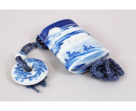 A GOOD JAPANESE MEIJI PERIOD BLUE &amp; WHITE HIRADO PORCELAIN FOUR CASE INRO &amp; NETSUKE, the four case blue &amp; white i