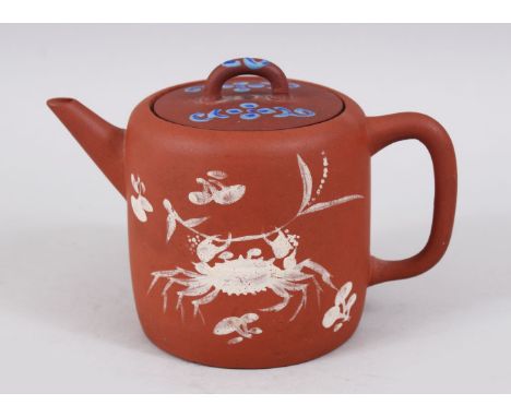 A 19TH CENTURY CHINESE YIXING CLAY TEAPOT &amp; COVER, the body of the tea pot decorated with crabs and sprays of bamboo, the