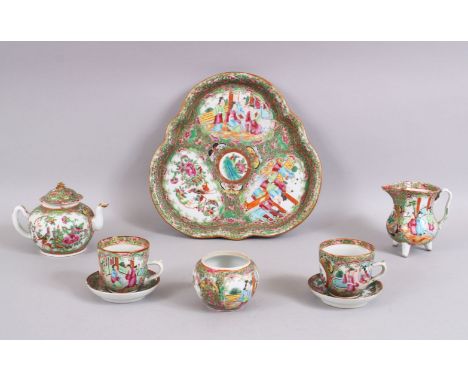 A 19TH CENTURY CHINESE CANTON FAMILLE ROSE PORCELAIN TEA SET, Consisting of one teapot 9.5cm high, 1 x cream jug 10cm, sugar 