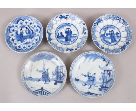 5 CHINESE KANGXI BLUE &amp; WHITE PORCELAIN SAUCERS,  two pairs and one singlee, each decorated with varying scenes of figure