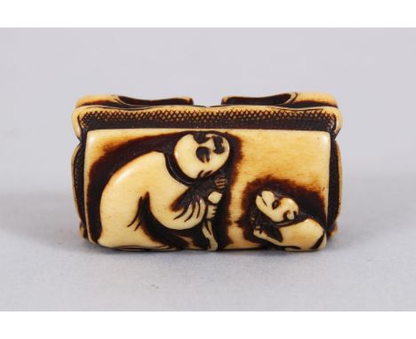 A LOVELY JAPANESE EDO PERIOD CARVED STAG ANTLER NETSUKE OF BLIND MAN &amp; DOG, the netsuke in the form of a low table, the t