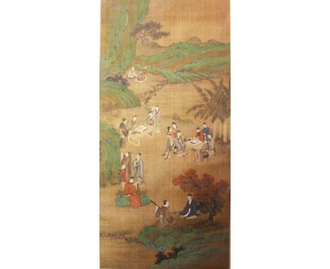 A 19TH CENTURY CHINESE HAND PAINTED SILK HANGING SCROLL, depicting scenes of figures within landscape / waterside settings, 1