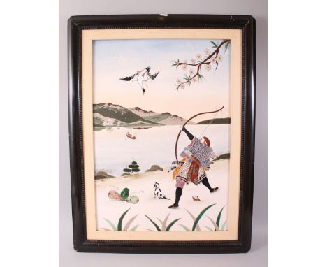 A GOOD JAPANESE MEIJI PERIOD FRAMED ENAMEL PANEL, depicting scenes of an archer and his dog shooting a goose, set within a tr