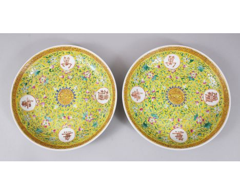 A GOOD PAIR OF 19TH CENTURY CHINESE FAMILLE ROSE PORCELAIN DISHES, the yellow ground decorated with formal scroll, bases with