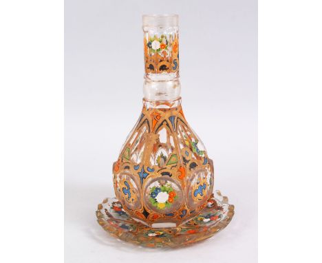 A BOHEMIAN / BEYKOZ CUT GLASS GILT &amp; ENAMEL HOOKAH BASE &amp; UNDER DISH, The decoration depicting different arrays of fl