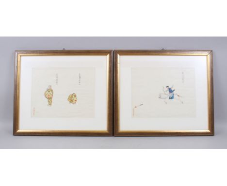 TWO 19TH CENTURY CHINESE PAINTINGS ON PAPER - HORSES &amp; ACTORS, the pictures depicting a figure on horseback with his bow 