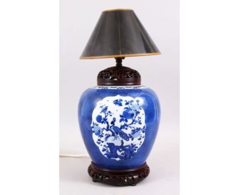 A GOOD CHINESE KANGXI BLUE &amp; WHITE PORCELAIN GINGER JAR / LAMP, with three panels depicting landscape scenes, birds among