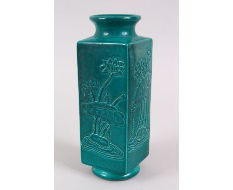 A GOOD CHINESE KANGXI STYLE TURQUOISE GROUND SQUARE FORM PORCELAIN VASE, The vase with four moulded panels of lotus flower, t