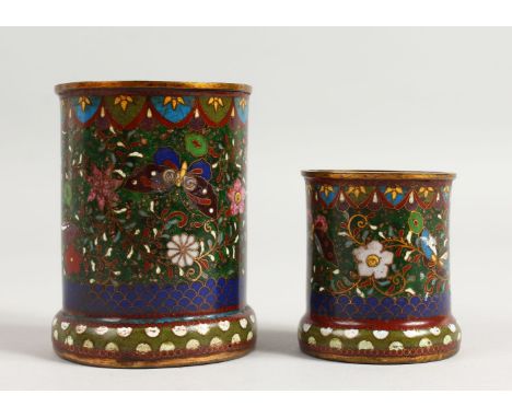 TWO JAPANESE MEIJI CLOISONNE ENAMEL BRUSH POTS / SPILL VASES. 3.5ins and 2.5ins high.