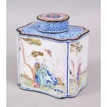 A GOOD 19TH / 20TH CENTURY CHINESE ENAMEL TEA CADDY, decorated with figures in landscape setting,