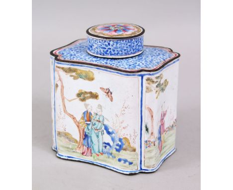 A GOOD 19TH / 20TH CENTURY CHINESE ENAMEL TEA CADDY, decorated with figures in landscape setting, 10cm high x 9.7cm wide.