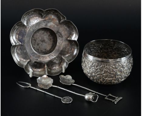 Chinese silver flower shaped dish with engraved foliate work, Indian silver bowl embossed with flowers and scroll work, and t