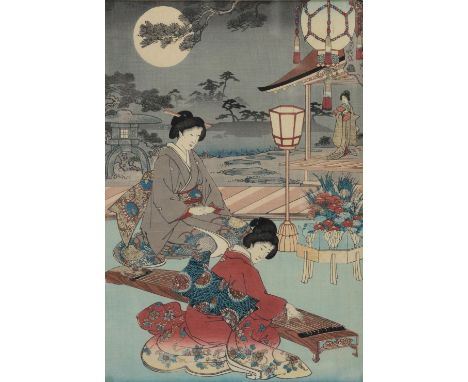 Unknown artist, unsigned Japanese woodblock print depicting three ladies, one playing a Koto, 48cm x 33.5cm,