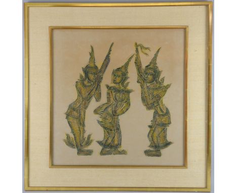 20th century Far Eastern brass rubbing of three figures, two playing pipes, 52.5cm x 51cm, 