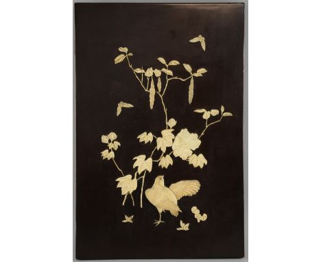 19th century Japanese hardwood panel with carved and overlaid decoration of birds amongst foliage, 39cm x 26cm,