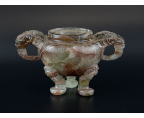 Chinese pink and green quartz censer with elephant mask handles on tripod base, 11cm high,