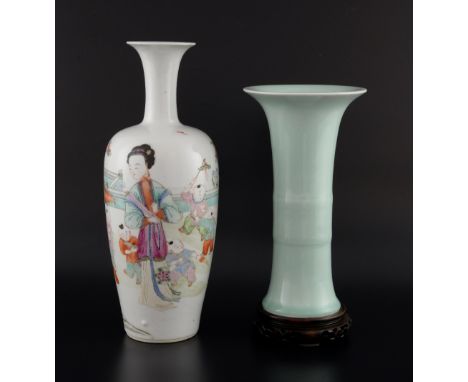 Chinese famille rose porcelain vase decorated with a woman and children playing in a garden, 28.5cm high and a celadon vase o