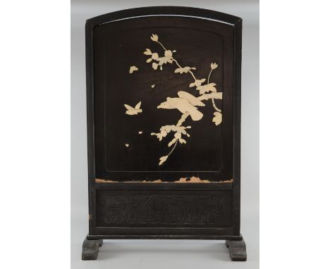 Japanese ebonised fire screen with overlaid bone decoration of a bird of prey, 86.5cm high, and a two-fold screen with simila