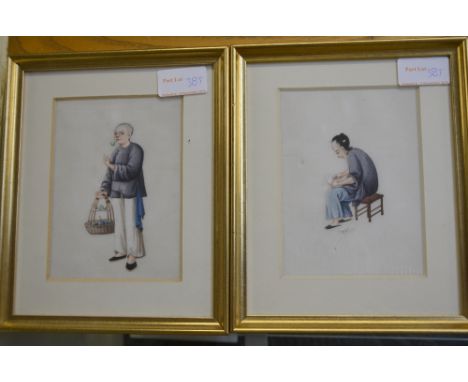 A set of Chinese paintings on rice paper depicting various tradesmen about their everyday life, one with a pig, another with 