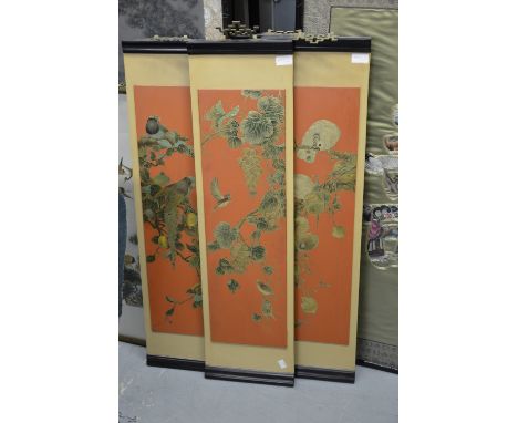 Chinese scroll print framed, three other modem Chinese pictures and set of four lacquered panels 
