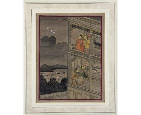 19th century Indian miniature painting depicting a gentleman and a lady on a balcony watching three herons flying over a lake