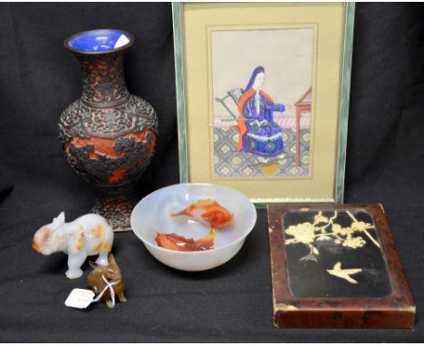 Chinese white glass bowl inset with two carp, 15.5cm diameter, elephant and a hare, painting on rice paper depicting a seated