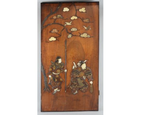 Japanese hardwood panel with overlaid lacquered, ivory and mother of pearl decoration of two Samurai standing beneath a tree,