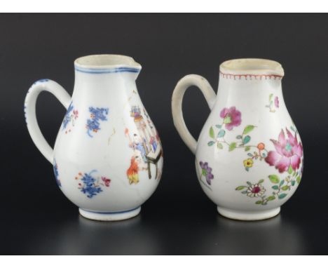 19th century Chinese famille rose sparrow beak jug decorated with a single panel of figures around a table and various floral