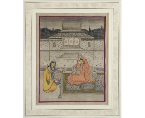 19th century Indian miniature painting depicting three ladies playing musical instruments in a courtyard, 23.5cm x 18.5cm,
