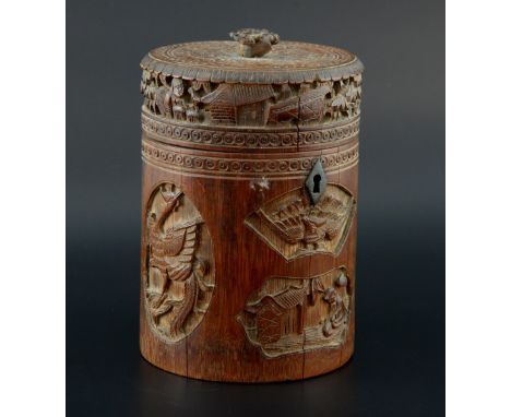 Cantonese bamboo tea caddy carved with phoenix, 18cm high, 