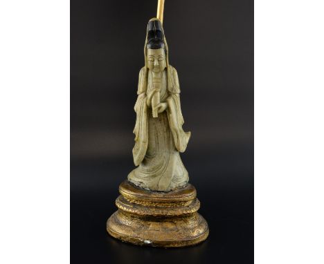 Chinese carved soapstone figure of a woman on a lamp base, overall 61cm high, 