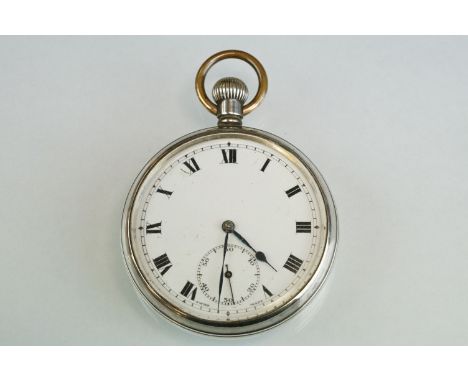 George VI Eclipse silver open faced top-wind pocket watch, with black Roman numerals on a white enamel dial, subsidiary secon