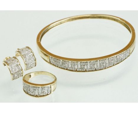 Diamond 9ct yellow and white gold suite comprising bangle, earrings and ring, Greek key design, small eight cut diamonds, the