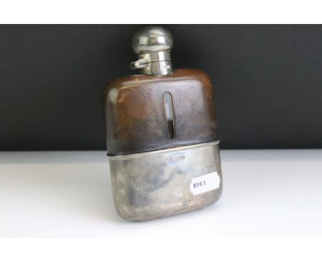 Edwardian silver, leather and glass hip flask, removable silver cup, leather covered shoulders, bayonet clasp, makers C &amp;