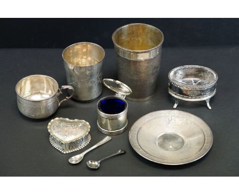 French silver cup and saucer, engine turned and engraved decoration, vacant cartouche, scroll handle with cast foliate decora