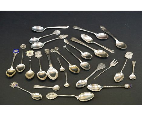 Collection of silver flatware to include an Edwardian First Surrey Rifles teaspoon with twisted stem, London 1905, a George V
