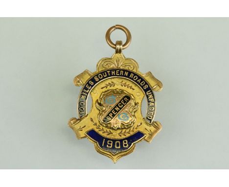 Enamelled 9ct gold medallion, "100 Miles Southern Roads Unpacked, Spencer, 1908" engraved verso "R Tuck 5.47.43" hallmarked C