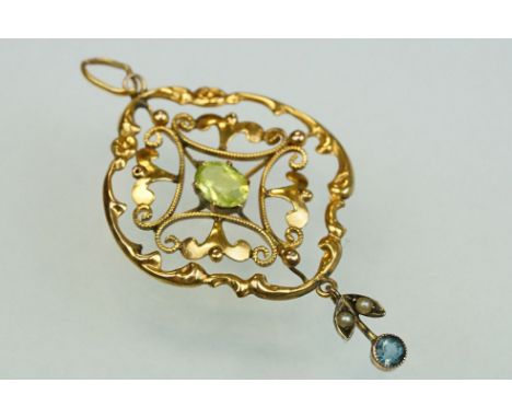 Edwardian peridot, zircon and seed pearl 9ct yellow gold pendant, the oval mixed cut peridot to centre measuring approx 5.5mm