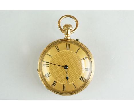 John Bennett 18k yellow gold open faced crown-wind ladies pocket watch, with black Roman numerals on an engine turned &amp; b