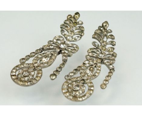 Pair of 18th century Iberian black dot paste pendant drop earrings, with later 9ct rose gold screw back ear fittings, foliate