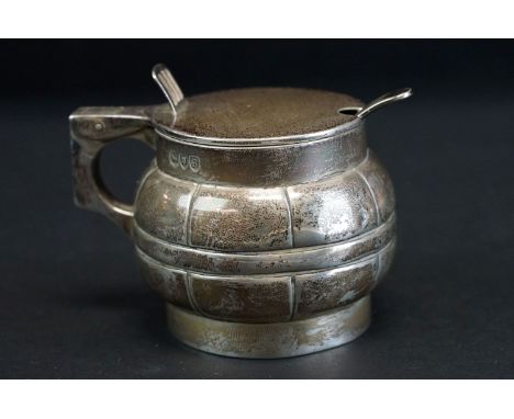 Victorian silver mustard modelled as a barrel, pierced thumb piece, replacement glass liner, makers Haseler Brothers, London 