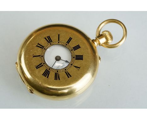 Payne &amp; Co 18K yellow gold cased half-hunter top wind pocket watch with blue enamelled Roman numerals surrounding a centr