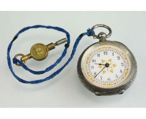 Silver open face key wind fob watch, white enamel dial with gilt red and blue decoration, black Arabic numerals, black poker 