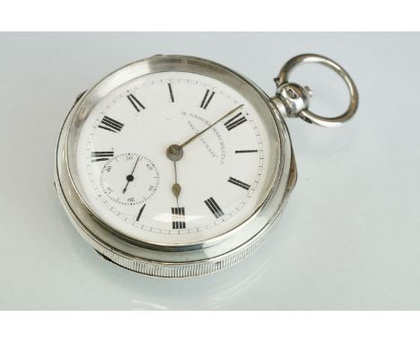 Late Victorian H. Samuel 'The Accurate' open faced key-wind silver pocket watch, with black Roman numerals on a white enamel 