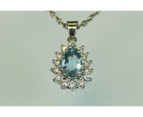 Aquamarine and diamond 18ct white gold pendant necklace, the pear shaped mixed cut aquamarine measuring approx 8mm x 5mm, fou