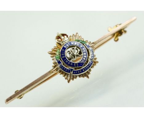 Enamelled 9ct rose gold sweetheart brooch, Royal Army Service Corps, length approx 48mm, hinged pin and simple loop brooch fi