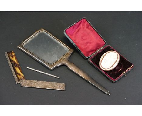 Silver hand mirror, engine turned stepped decoration, makers possibly WI Broadway &amp; Co, Birmingham 1936; folding silver t