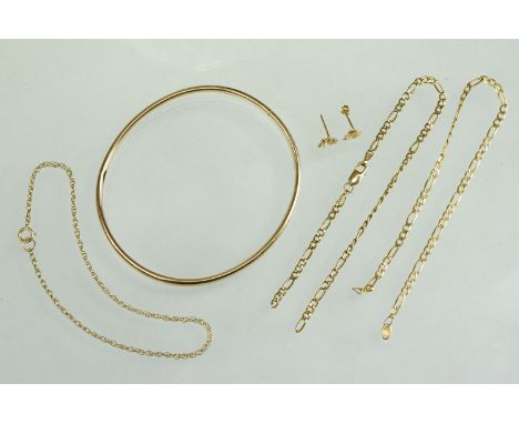 Two broken 9ct yellow gold figaro link chains, a pair of 9ct yellow gold stud earrings, and a 9ct yellow gold bangle, plain p