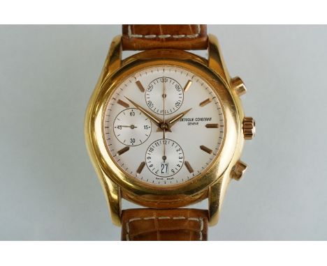 A Frederique Constant gents chronograph wristwatch, automatic movement, model No.FC-392X5B415/6, gold plated case with leathe