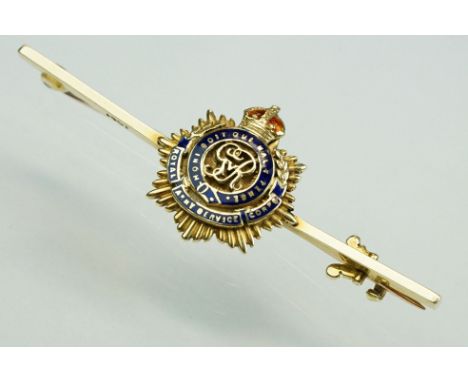 Enamelled 14ct yellow and rose gold sweetheart brooch, Royal Army Service Corps, hinged pin and simple loop brooch fitting, l